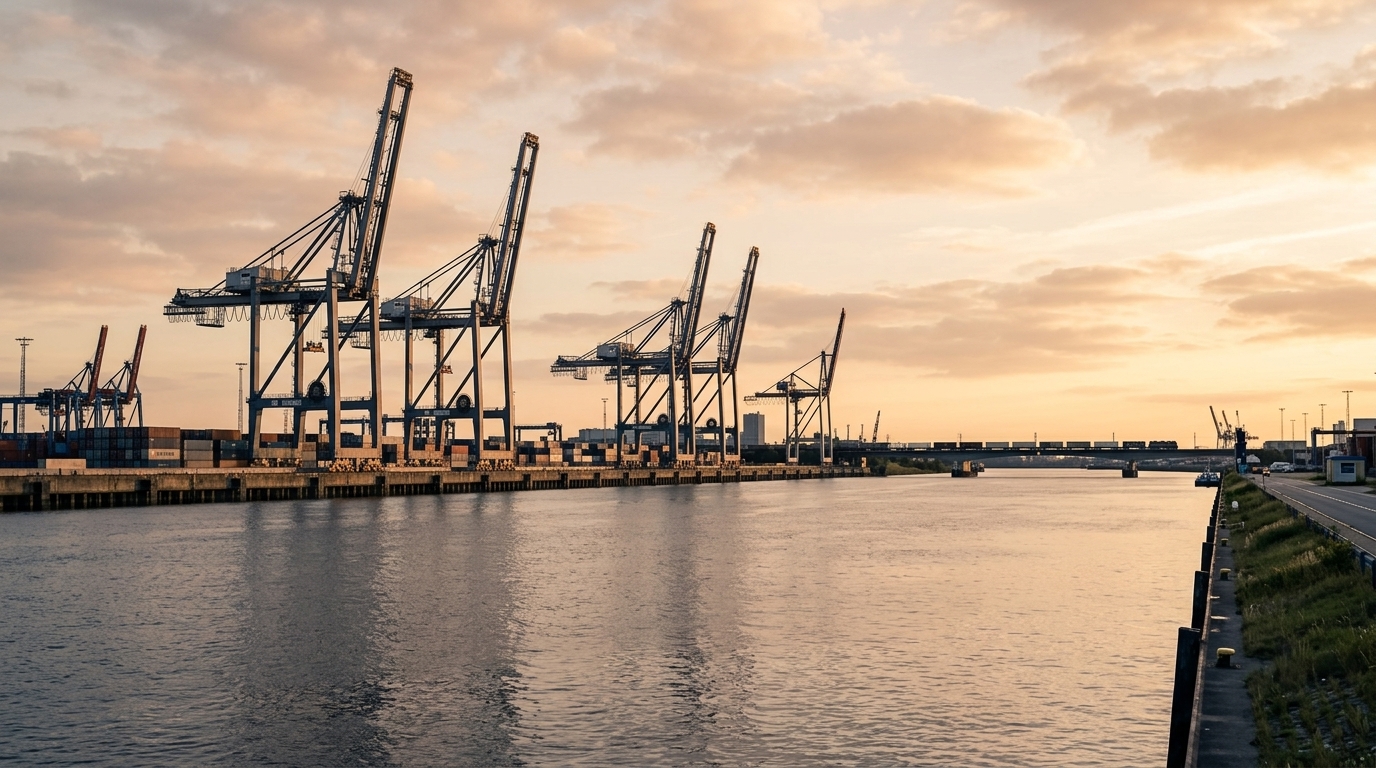 Containerbrücken an einem Hafenbecken im Abendlicht, rechts ein Uferweg mit Straße. · KI-generiert