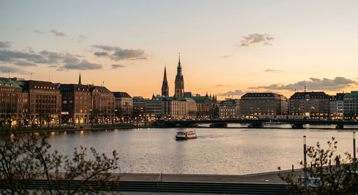Blick über die Hamburger Binnenalster auf die Innenstadt im Abendlicht. · KI-generiert