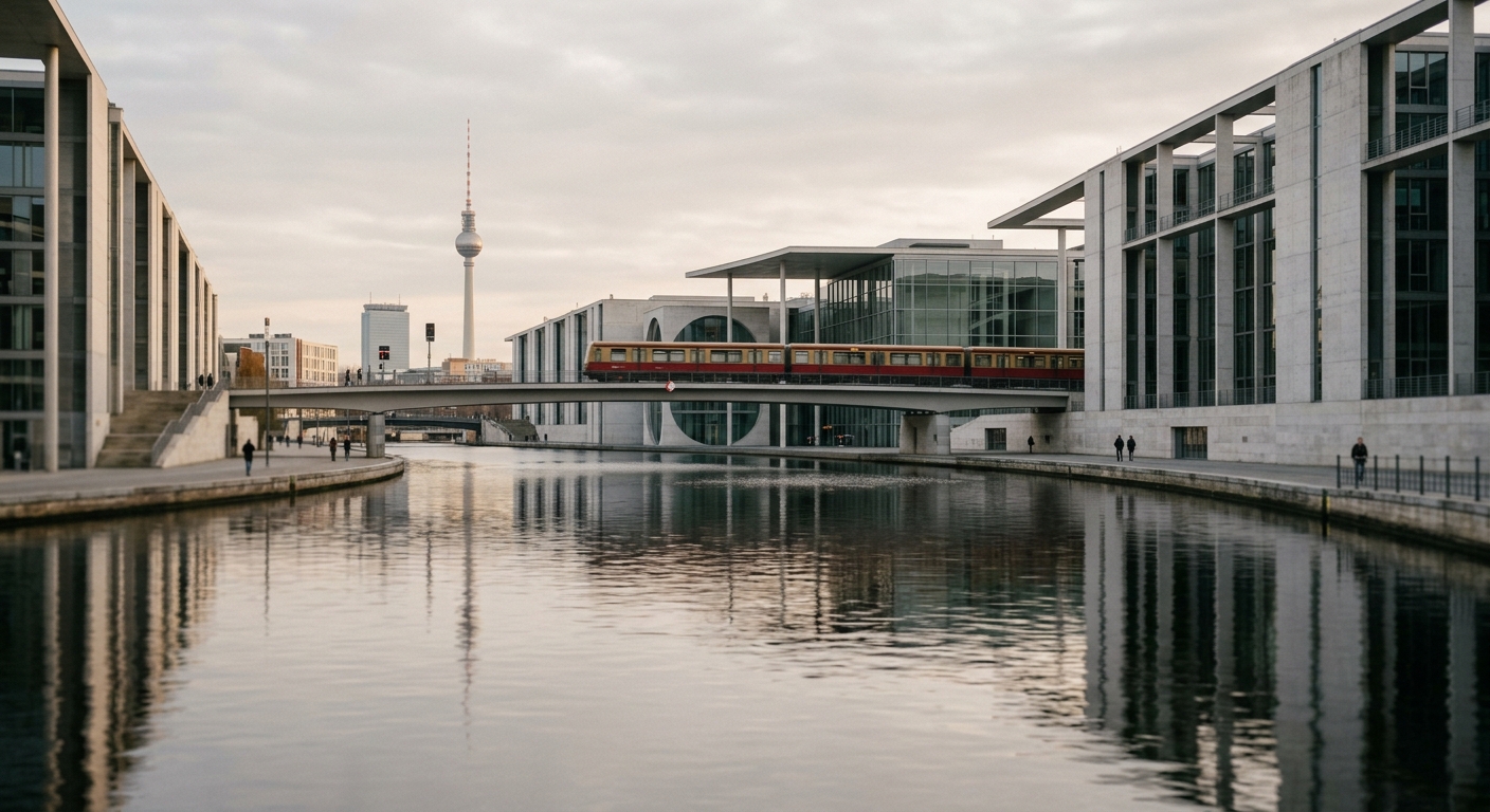 Moderne Gebäude im Berliner Regierungsviertel an der Spree. · KI-generiert