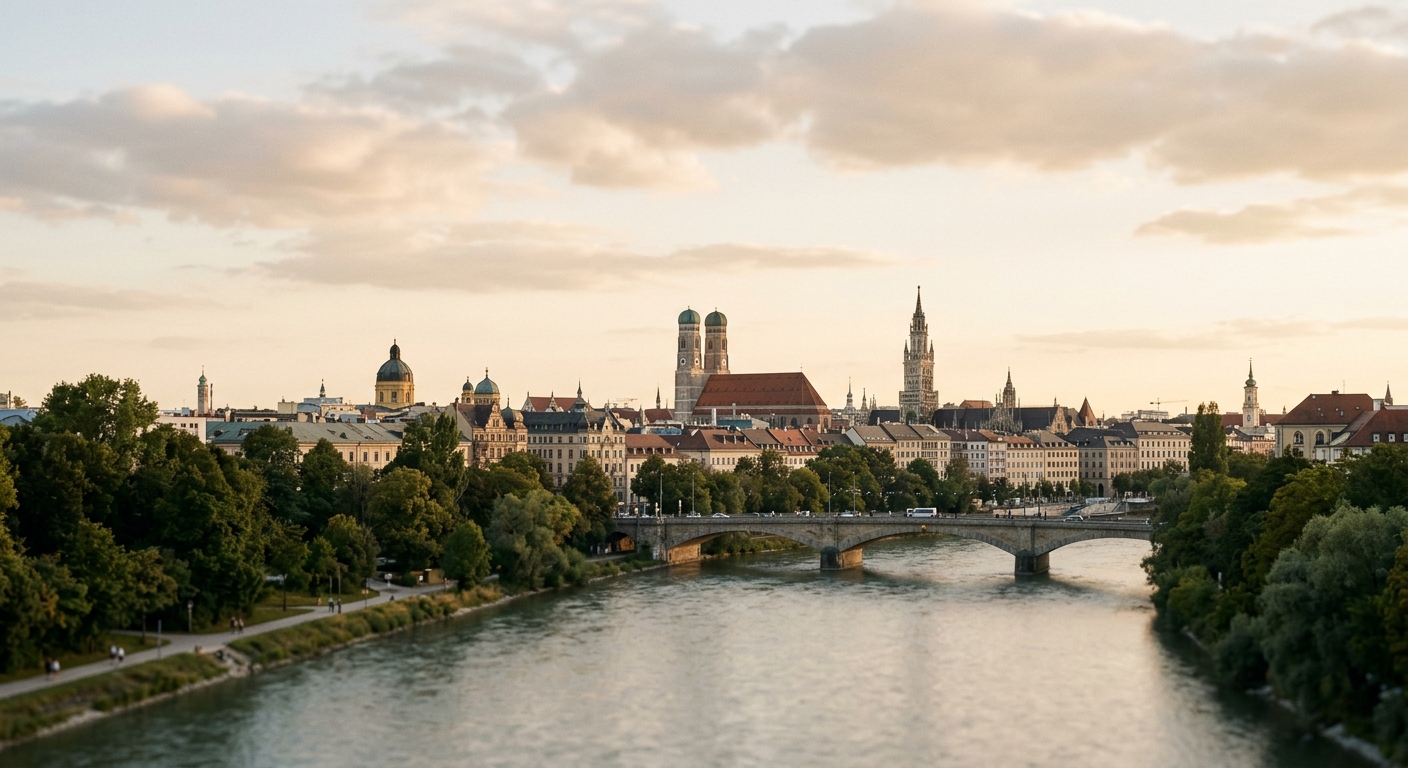 Blick über die Isar auf die Münchner Innenstadt. · KI-generiert