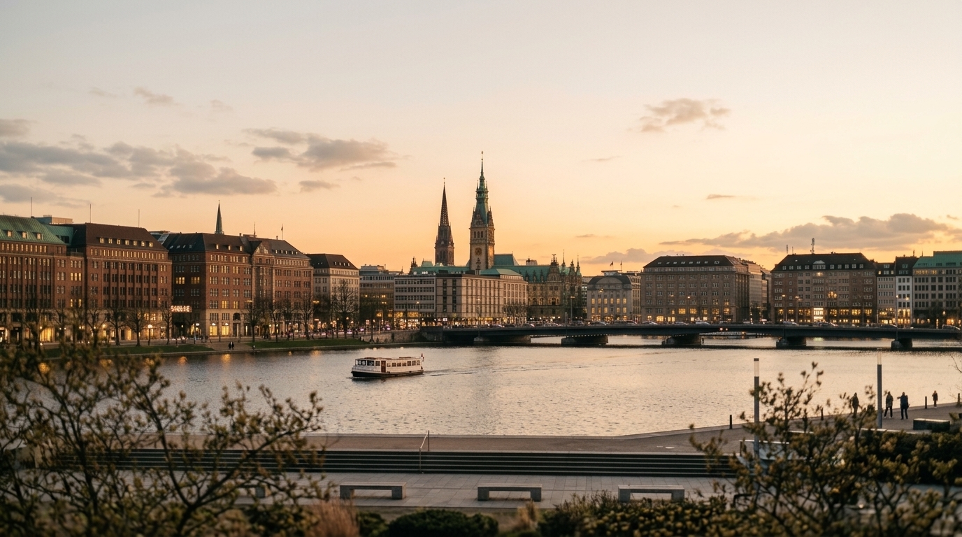 Stadtpanorama mit Rathausturm und Kirchtürmen hinter einem See in der Abendsonne, davor ein Ausflugsschiff. · KI-generiert