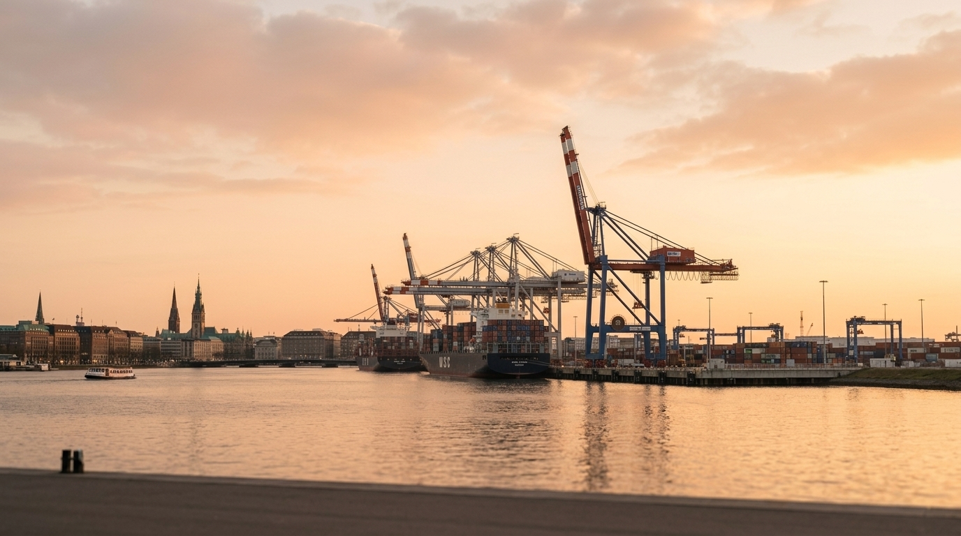 Containerschiffe und Containerbrücken im Hafen bei Sonnenuntergang, links die Stadtsilhouette mit Kirchtürmen. · KI-generiert