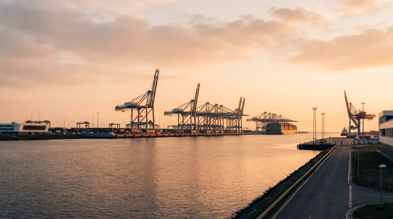Containerbrücken an einem Hafenbecken im Abendlicht, rechts eine Uferstraße. · KI-generiert