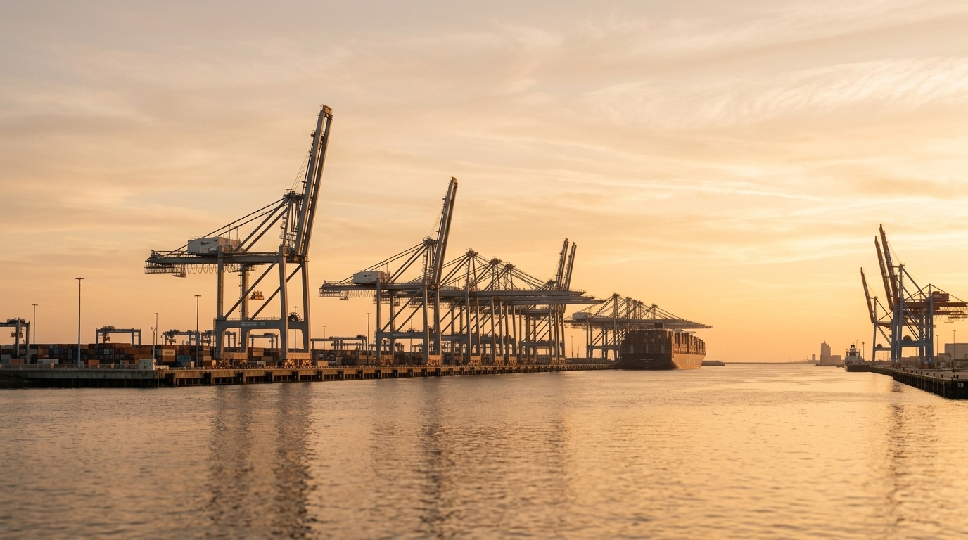 Containerbrücken eines Hafens in der Abendsonne über ruhigem Wasser. · KI-generiert