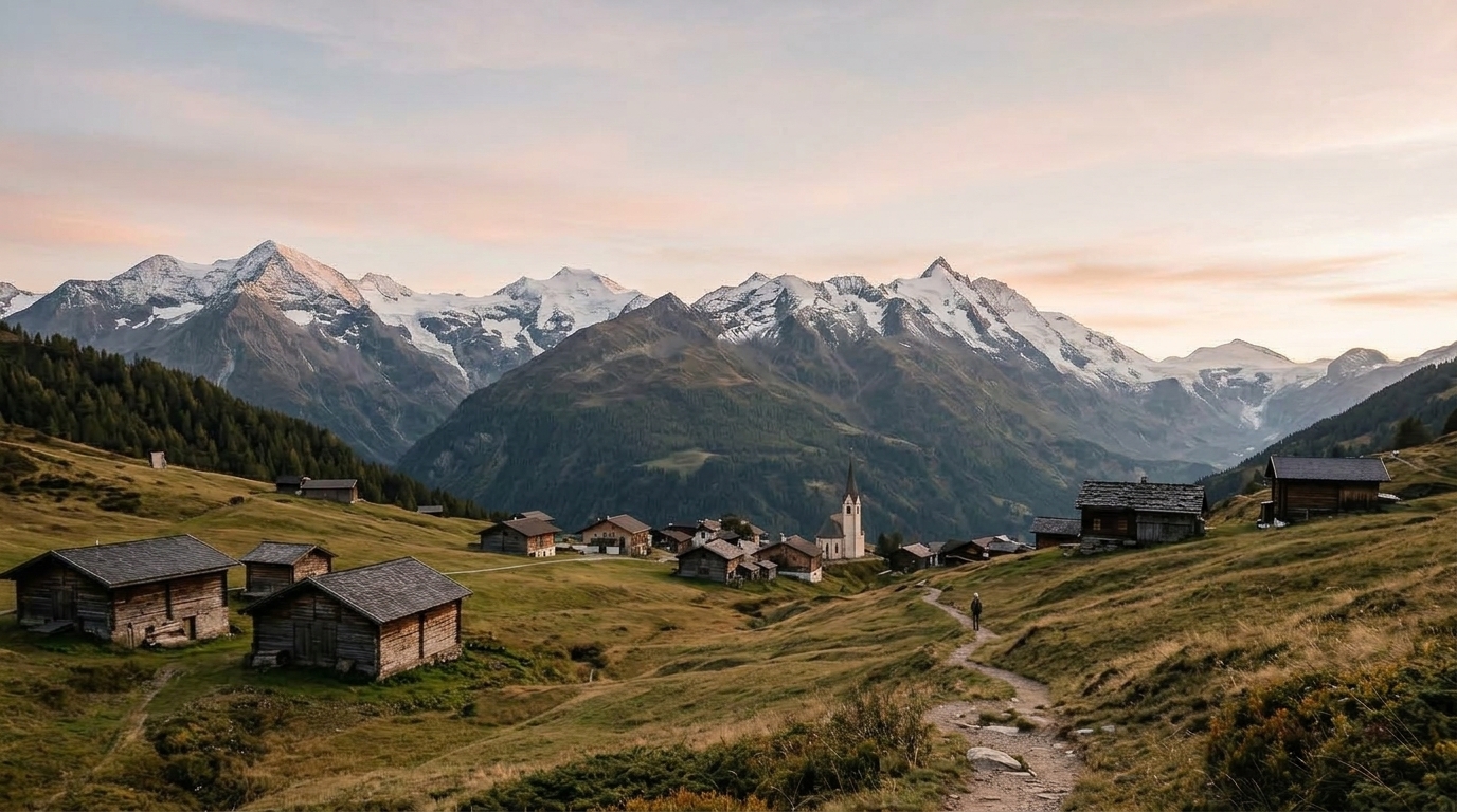 Almhütten und ein Bergdorf vor schneebedeckten Gipfeln in der Abendsonne. · KI-generiert