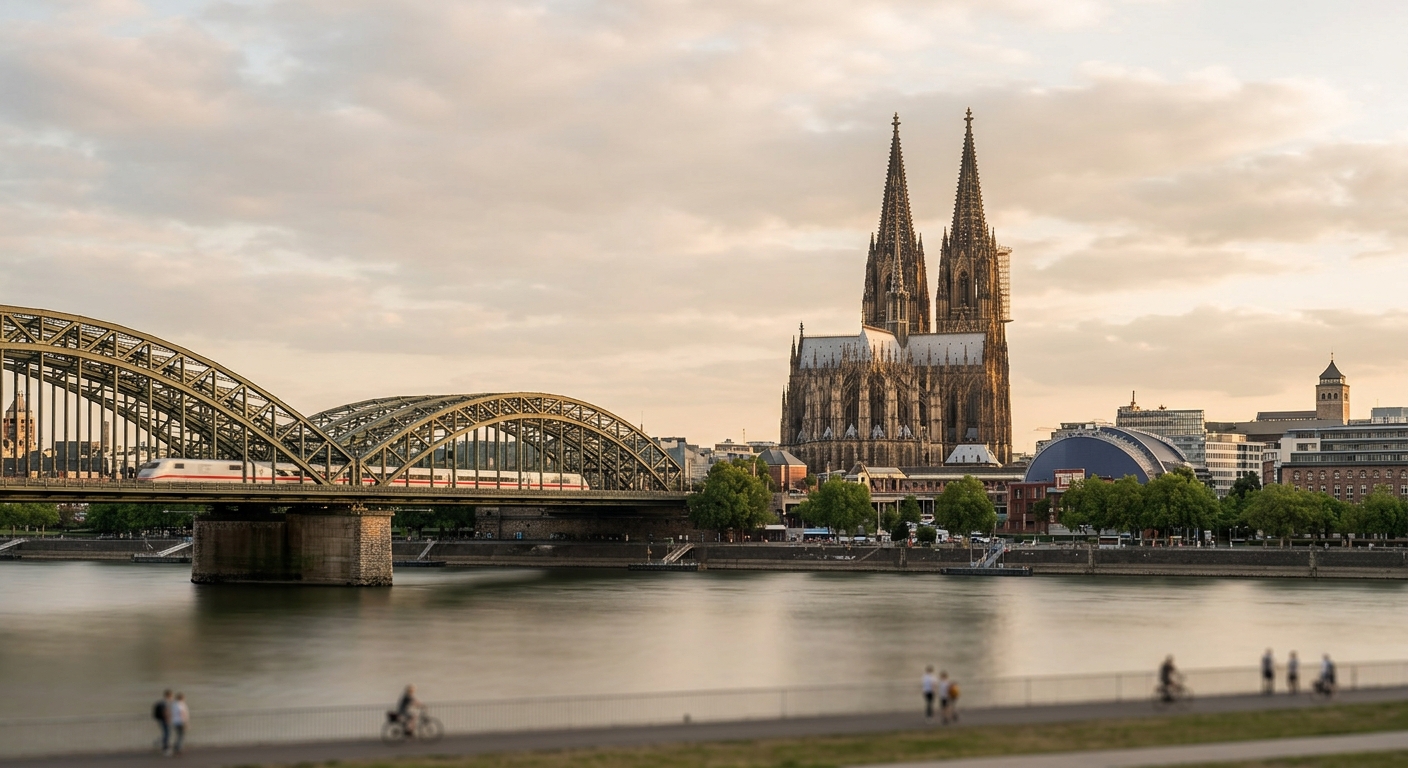 Kölner Dom und Hohenzollernbrücke am Rhein. · KI-generiert
