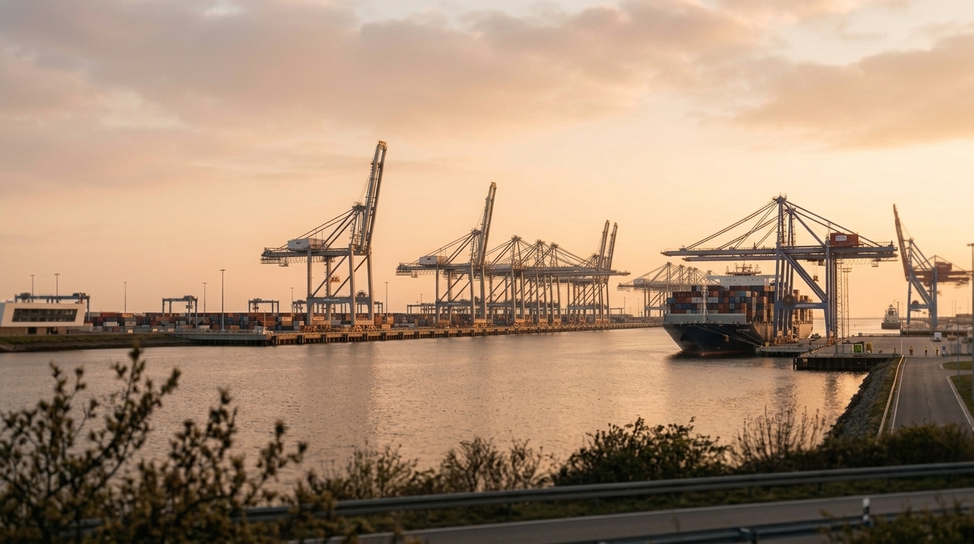 Containerschiff und Containerbrücken an einem Hafenbecken im Abendlicht, im Vordergrund Sträucher und eine Leitplanke. · KI-generiert