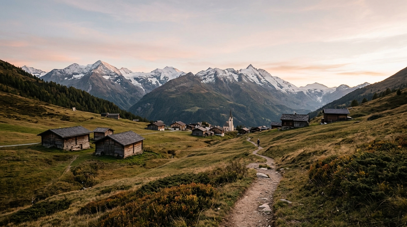 Almhütten und ein Wanderweg vor einer Berglandschaft. · KI-generiert
