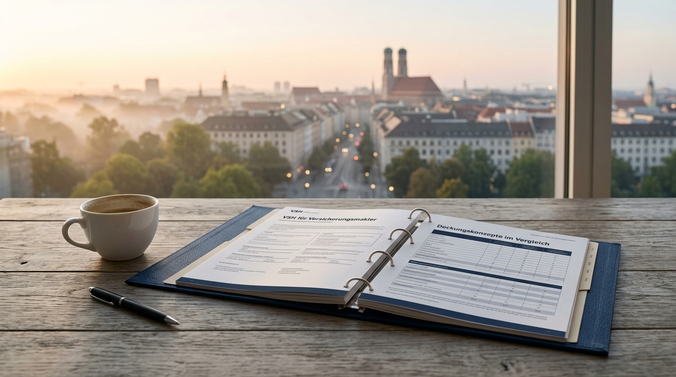 Ein aufgeschlagener Vergleichsordner mit VSH-Bedingungen für Versicherungsmakler auf einem Schreibtisch neben einer Kaffeetasse und einem Stift. · KI-generiert