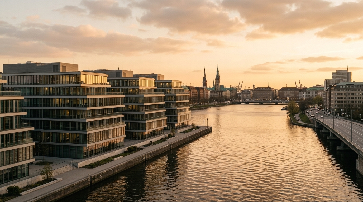 Moderne Bürogebäude am Ufer eines Kanals, im Hintergrund Kirchtürme in der Abendsonne. · KI-generiert