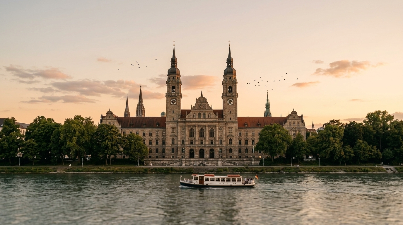 Historisches Gebäude mit zwei Türmen am Flussufer, davor ein Ausflugsschiff unter dem Abendhimmel. · KI-generiert