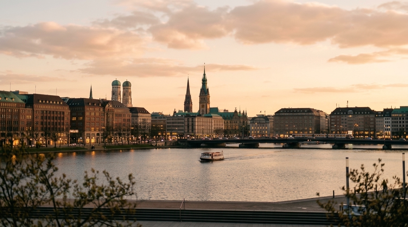 Stadtsilhouette mit Rathausturm und zwei Kuppeltürmen am Seeufer im Abendlicht, auf dem Wasser ein Ausflugsschiff. · KI-generiert