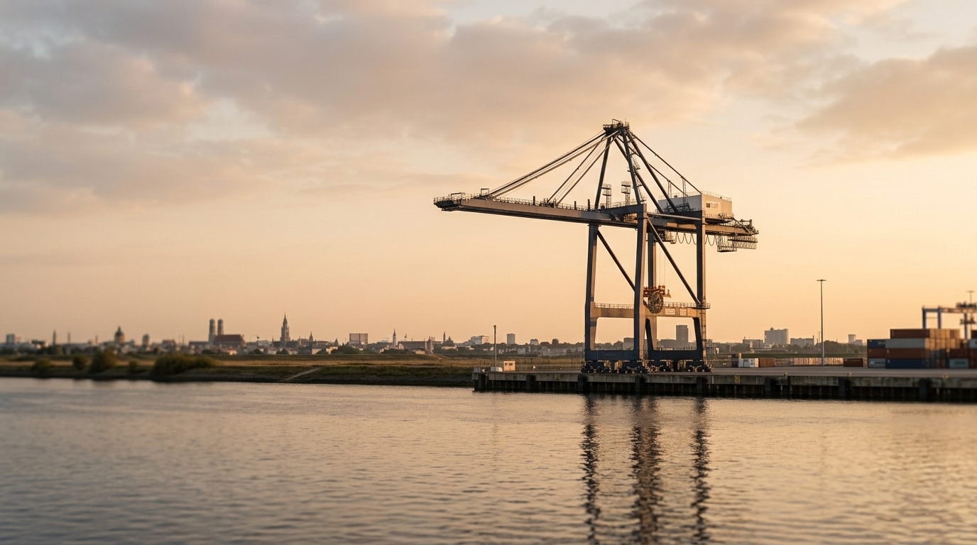 Einzelne Containerbrücke am Hafenbecken im Abendlicht, im Hintergrund die Silhouette einer Stadt. · KI-generiert